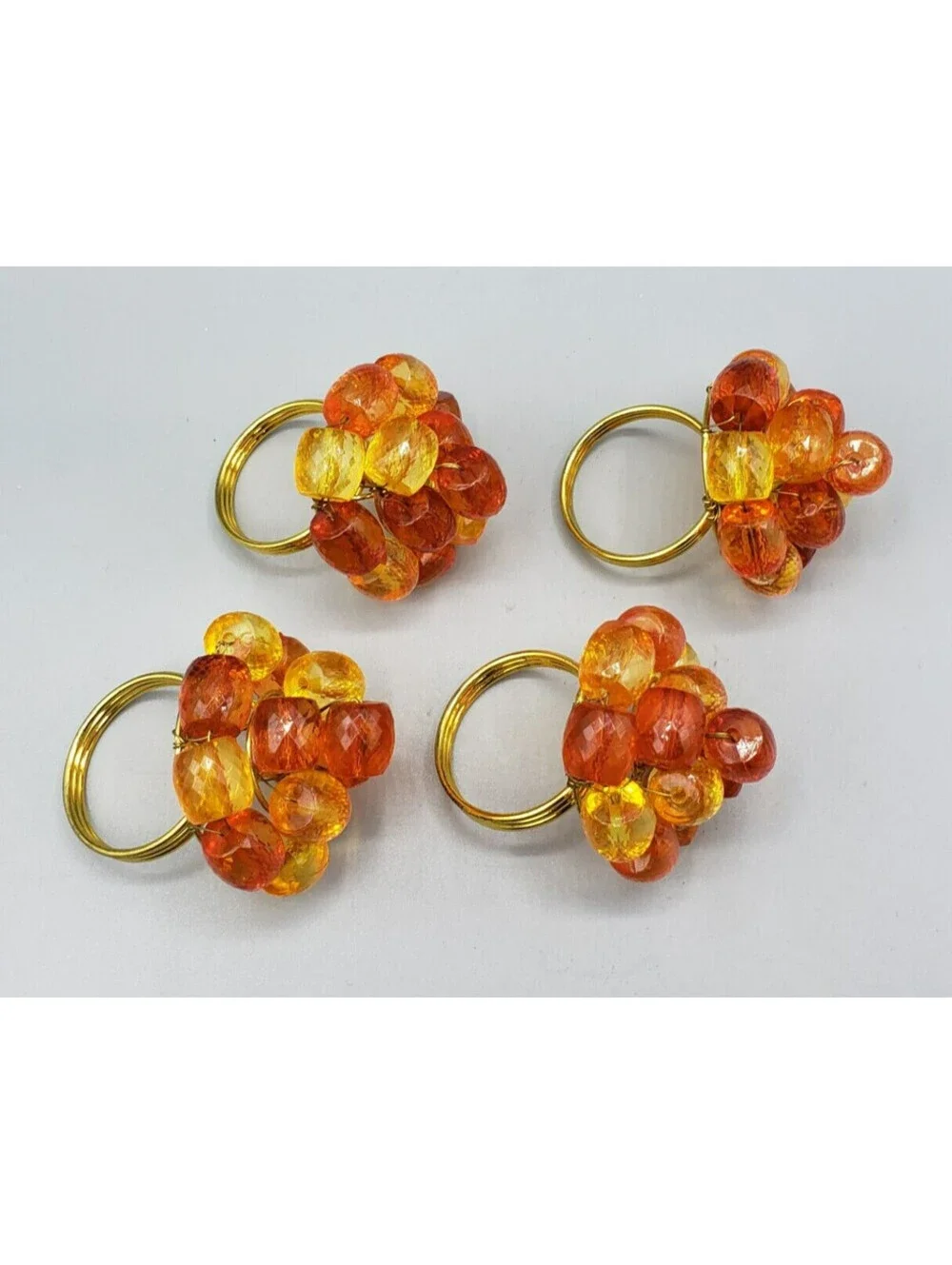 4 Orange Yellow Beaded Napkin Rings Faceted Gold Metal Wire Wrapped Spring